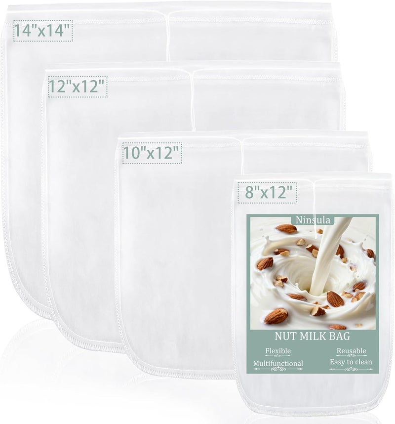 Ninsula 4PCS Nut Milk Bag, Food Grade Nylon Cheese Cloth Bag, Straining Reusable Fine Mesh Strainer for Tea, Yogurt, Juice, Cheese, Soup, Herbs, Vegetable Juice (8"x12"/14"x14"/10"x12"/12"x12") - Image 1